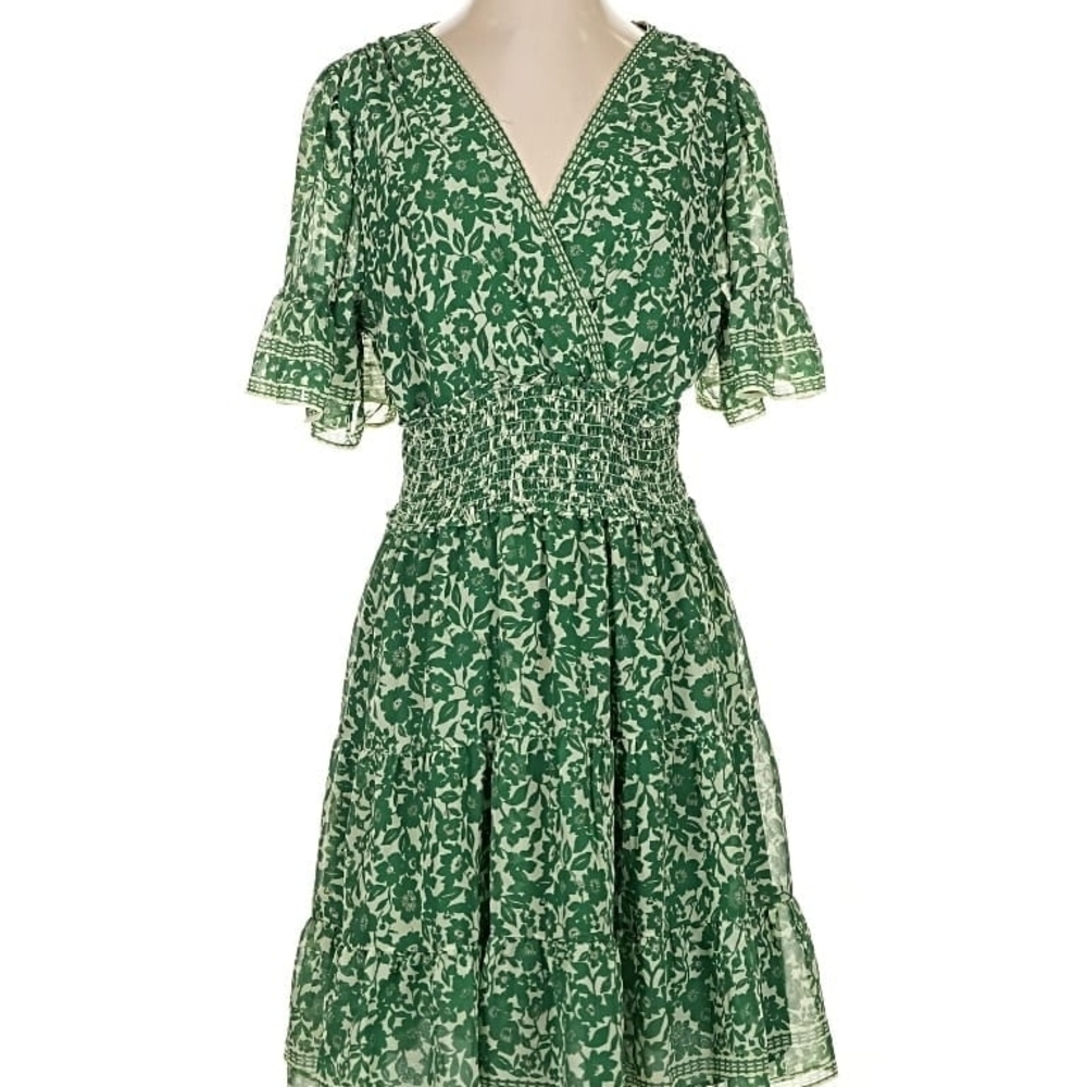Max Studio Green Floral Women's Dress Butterfly Flutter Sleeves Ruffle Bottom